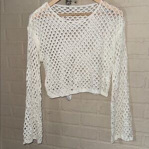 Crochet Long Sleeve Top loose knit bell sleeve cropped white medium stretch